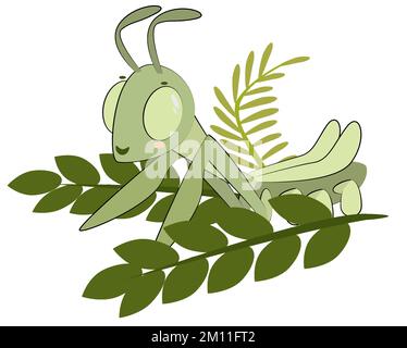 grasshopper hiding behind leaves in iilustration and green background Stock Vector