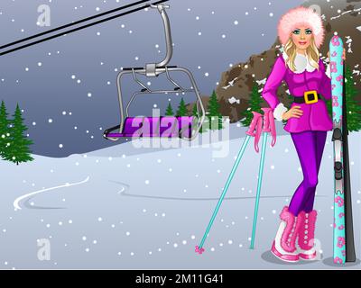Cartoon Girl goes Skiing on Mountain Slope Background Scene. Vector Illustration Stock Vector