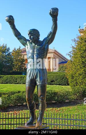 PHILADELPHIA, PA -1 DEC 2022- View of the landmark Rocky Statue after fictional boxer Rocky Balboa on the steps of the Philadelphia Museum of Art in P Stock Photo