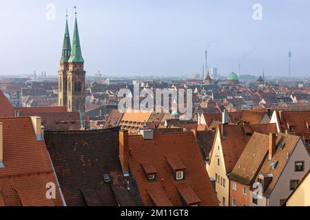 Cityscape of historical center with Saint Lorenz church towers in the background. Nuremberg, Bavaria, Germany. Stock Photo