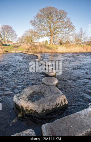One of two sets of stepping stones across the River Aire at Gargrave in the Yorkshire Dales,North Yorkshire (Skipton side of the arched road bridge). Stock Photo