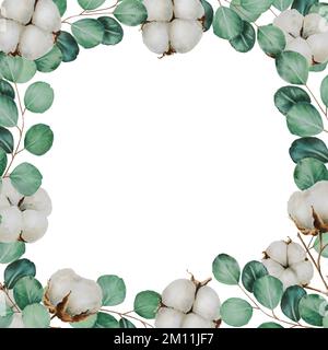 Frame with cotton flowers and eucalyptus branches watercolor. Hand ...