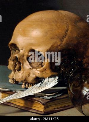 Still Life with a Skull and a Writing Quill by the Dutch Golden Age artist, Pieter Claesz (c. 1597– 1660), oil on wood, 1660 Stock Photo