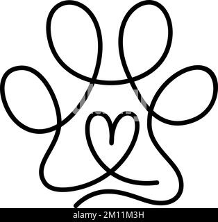 Heart with cat or dog paw cat footprint in continuous one line drawing logo. Minimal line art. Animal in heart. Pet love concept monoline Stock Vector