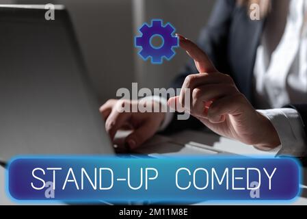 Writing displaying text Stand Up Comedy. Word for Comedian performing speaking in front of live audience Stock Photo