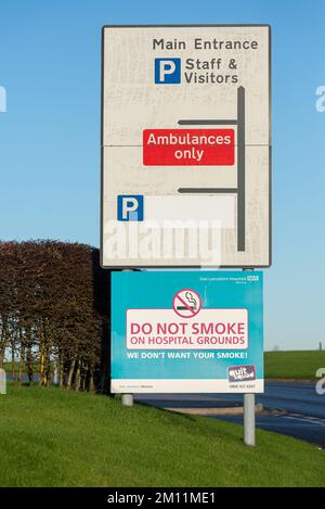 Taken at Royal Blackburn Teaching Hospital, Blackburn, Lancashire, UK on 9 Dec 2022. Direction signs and information for hospital staff and visitors Stock Photo