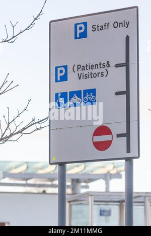 Taken at Royal Blackburn Teaching Hospital, Blackburn, Lancashire, UK on 9 Dec 2022. Direction signs and information for hospital staff and visitors. Stock Photo