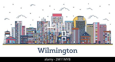 Outline Wilmington Delaware USA City Skyline with Colored Historic Buildings Isolated on White. Vector Illustration. Wilmington Stock Vector