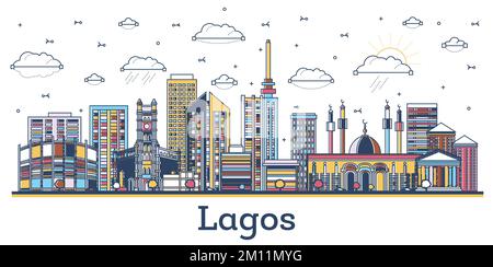 Outline Lagos Nigeria City Skyline with Modern Colored Buildings Isolated on White. Vector Illustration. Lagos Cityscape with Landmarks. Stock Vector