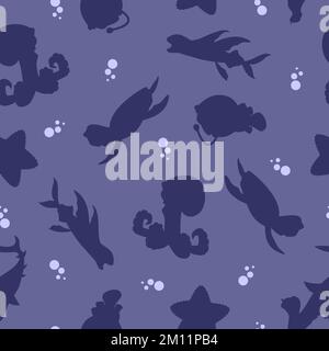 Pattern of marine animals and fish in silhouette style for print and design.Vector illustration. Stock Vector