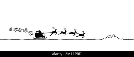 Santa Claus in reindeer sleigh, illustration, black and white Stock Photo