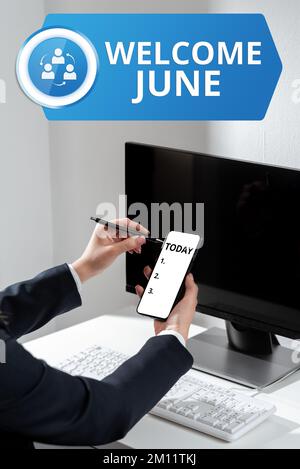 Writing displaying text Welcome June. Concept meaning Calendar Sixth Month Second Quarter Thirty days Greetings Stock Photo