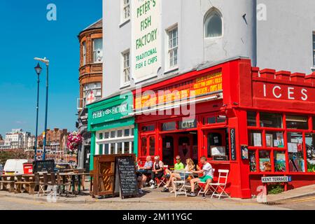 England, Kent, Ramsgate, Colourful Harbourside Cafe Stock Photo