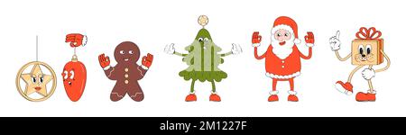 Santa, Christmas toys , snowman in retro set. Mascot hot tee, coffe cup and Happy New year tree, holly jolly collection vector. Stock Vector