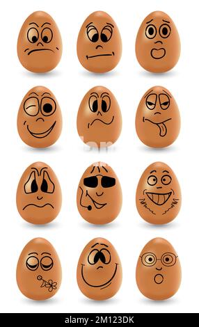 Cute Easter eggs with grimaces set vector. Happy and sad Easter eggs with emotions. Realistic brown eggs. Stock Vector