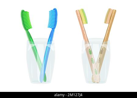 Toothbrushes in mug. Two glass cup with plastic and bamboo toothbrushes. Hygiene and dental care.Zero waste and eco living concept.Vector illustration Stock Vector