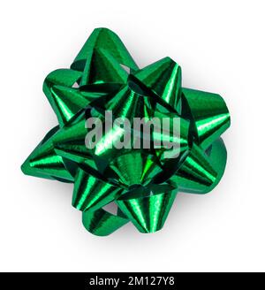 Green shiny bow for gifts and presents decoration isolated on white. Stock Photo
