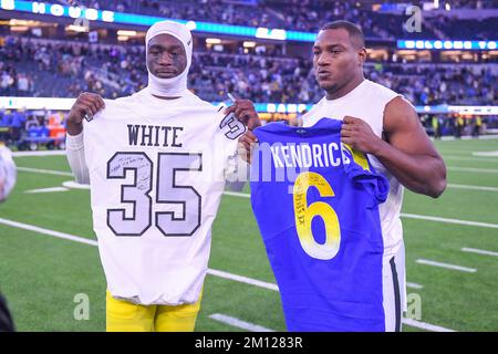 INGLEWOOD, CA - AUGUST 13: Los Angeles Rams cornerback Derion Kendrick (6)  defends in coverage on defense during the NFL preseason football game  against the Los Angeles Chargers on August 13, 2022