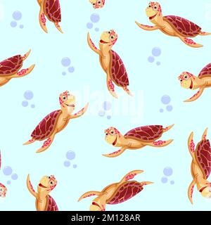 Beautiful pattern with water turtles underwater in cartoon style for print and design. Vector illustration. Stock Vector