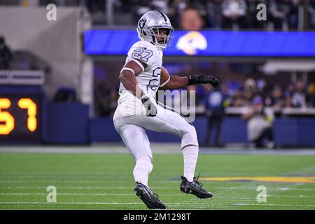 Inglewood, CA. 8th Dec, 2022. Los Angeles Rams wide receiver Van Jefferson  #12 makes the catch for the go ahead touchdown as Las Vegas Raiders  cornerback Sam Webb #27 defends in action