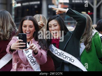 Miss California, USA. , . Emma Broyles and the 51 candidates competing for Miss America 2023 arrive outside at the NASDAQ after ringing the Opening Bell at the Nasdaq MarketSite in Times Square in New York City on Friday, December 9, 2022. The Miss America Organization is the nation's oldest women's competition and a leading provider of scholarships for women in the United States. Photo by John Angelillo/UPI Credit: UPI/Alamy Live News Stock Photo