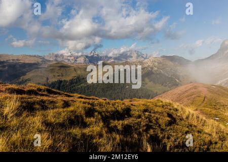 Europe, Italy, Alps, Dolomites, Mountains, View from Passo Rolle - Marmolada Stock Photo