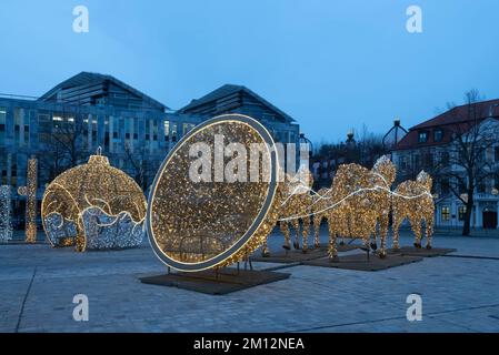 Golden horses, Christmas lights world, Magdeburg, Saxony-Anhalt, Germany Stock Photo