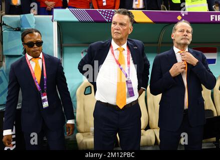 Doha, Qatar, 9th December 2022. Edgar Davids coach , Louis van Gaal coach of Netherlands and Danny Blind assistant manager during the FIFA World Cup 2022 match at Lusail Stadium, Doha. Picture credit should read: David Klein / Sportimage Credit: Sportimage/Alamy Live News Stock Photo