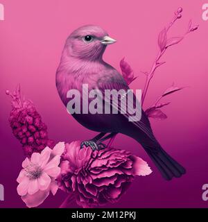 Pink Bird with Flowers Stock Photo