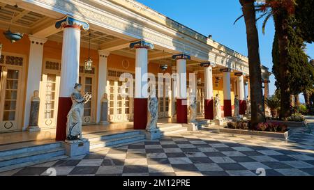 Achilleion, residence of Empress Sissi, finished in 1889, architecture based on Greek mythology, terrace, wide angle shot, red and white columns, in f Stock Photo