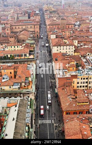 View from the Asinelli Tower of the old town with Via Rizzoli street, Bologna, Emilia-Romagna, Italy, Europe Stock Photo