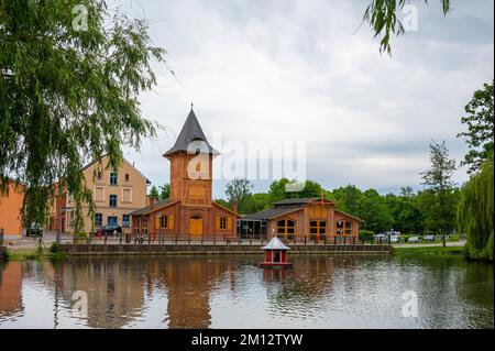 Germany, Baltic Sea, Mecklenburg-Western Pomerania, Mecklenburg Lake District, Teterow, view from mill pond to town church Stock Photo