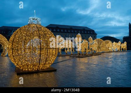 Golden horses, Christmas lights world, Magdeburg, Saxony-Anhalt, Germany Stock Photo