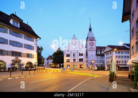 Zytturm in neon lighting, Old Town, Zug, Canton Zug, Switzerland, Europe Stock Photo
