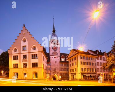 Zytturm in neon lighting, Old Town, Zug, Canton Zug, Switzerland, Europe Stock Photo