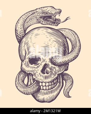 Snake wraps around human skull. Hand drawn sketch in vintage engraving style. Tattoo vector illustration Stock Vector
