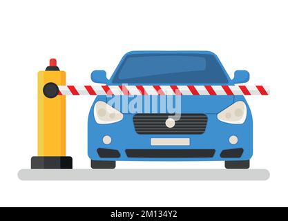 The car stands in front of a closed barrier. Closed car barriers. Parking car barrier gate. Street road stop border. Vector illustration flat design. Stock Vector