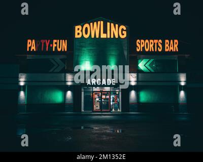 Bowling alley signs at night, Massapequa, New York Stock Photo