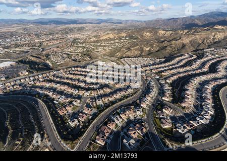 Aerial view of suburban sprawl in the Santa Clarita community of Los Angeles County, California. Stock Photo