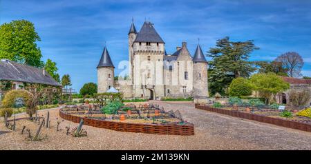 Lemere, Indre et Loire, France - April 18, 2019: Rivau Castle near Chinon. Castle of the Loire. The castle is famous due to Joan of Arc came to Le Riv Stock Photo