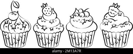 Icon cupcake outline with berries on a white background. Cupcake in flat style. Vector illustration. Stock Vector