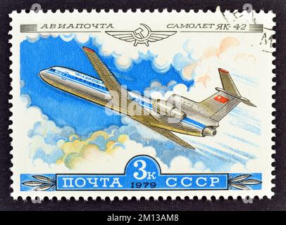 Cancelled postage stamp printed by Soviet Union, that shows Yakovlev Yak-42, circa 1979. Stock Photo