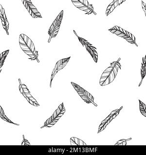 Feathers set. Vector illustration of abstract feathers. Contour drawing of a hand with a black liner. Design element for a postcard, textile, poster. Stock Vector