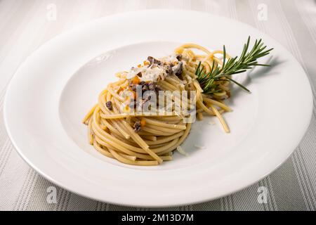 Bigoli con l' anatra Pasta with Duck Ragout from Vicenza, Italy, called bigoi co' l'arna in Venetian Stock Photo