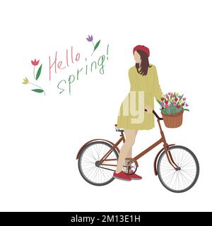 Girl with a bicycle and flowers. Vector illustration. Stock Vector