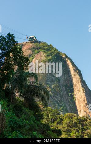 Sugar loaf mountain and its gondola close up in Rio de Janeiro, Brazil Stock Photo