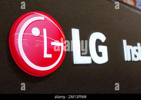 LG logo. Bright neon LG sign. South Korean multinational electronics company, LG Electronics Stock Photo