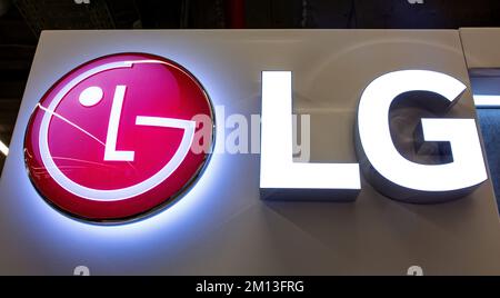 LG logo. Bright neon LG sign. South Korean multinational electronics company, LG Electronics Stock Photo
