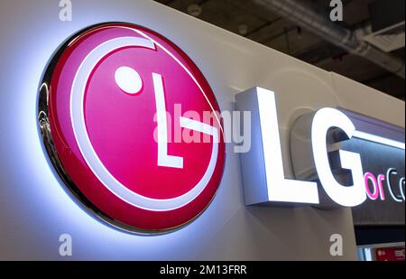 LG logo. Bright neon LG sign. South Korean multinational electronics company, LG Electronics Stock Photo
