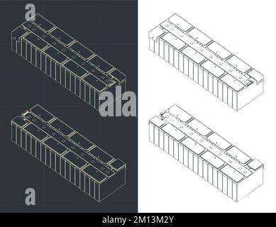 Stylized vector illustrations of isometric blueprints of battery module Stock Vector